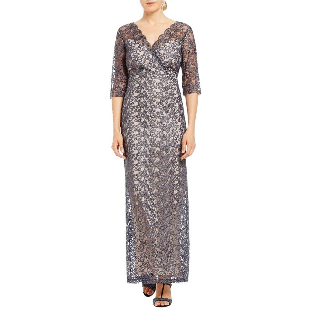 Signature by Sangria Navy Sequined Lace Gown Formal Dress sz 6
